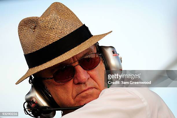 Team owner Jack Roush looks on from the pit box prior to the start of the NASCAR Nationwide Series Ford 300 at Homestead-Miami Speedway on November...