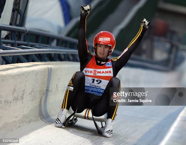 Natalie Geisenberger of Germany celebrates after coming across the finish line to win silver in the World Cup Women's event during the Viessmann Luge...