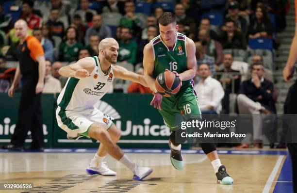 Nemanja Nedovic, #16 of Unicaja Malaga in action during the 2017/2018 Turkish Airlines EuroLeague Regular Season Round 26 game between Unicaja Malaga...