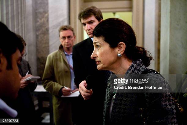 Sen. Olympia Snowe talks with reporters on Capitol Hill on November 21, 2009 in Washington, DC. The Senate is expected to cast a procedural vote on...