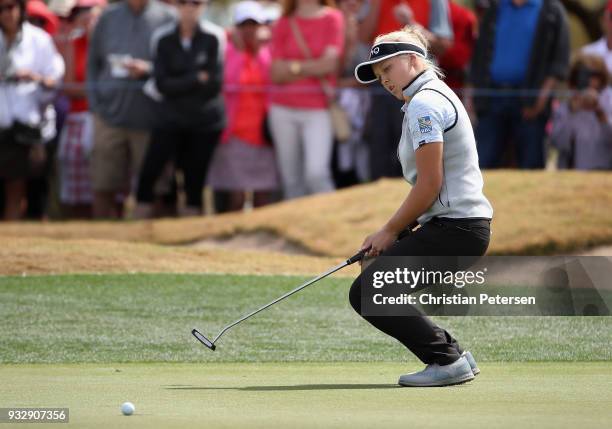 Brooke M. Henderson of Canada reats to a missed putt on the ninth green during the second round of the Bank Of Hope Founders Cup at Wildfire Golf...