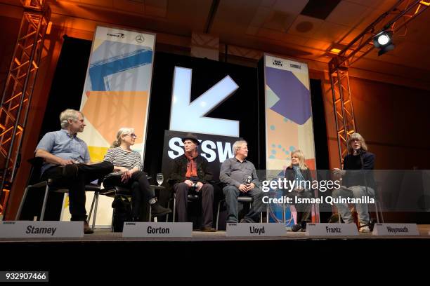 Chris Stamey, Julia Gorton, Richard Lloyd, Chris Frantz and Tina Weymouth of Talking Heads, and David Fricke speak onstage at From CBGB to the World:...