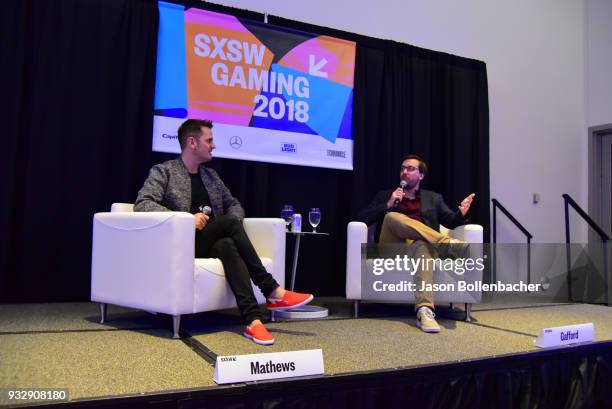 Sam Mathews and Travis Gafford speak onstage at The Rise of the New World Sports, Esports during SXSW at Austin Convention Center on March 16, 2018...