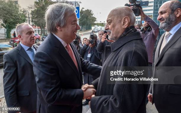 Secretary General Antonio Guterres is greeted by Abdoul Vakil , president of the Islamic Community of Lisbon when arriving in the city's Central...