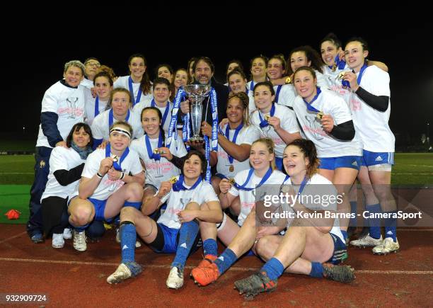 France Women celebrate winning the Women's 6 Nations championship during the Women's Six Nations Championships Round 5 match between Wales Women and...