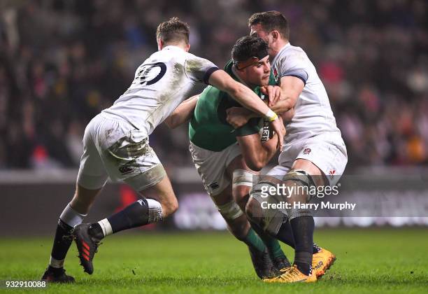 London , United Kingdom - 16 March 2018; Jack O'Sullivan of Ireland is tackled by James Grayson, left, and Ben Earl of England during the U20 Six...