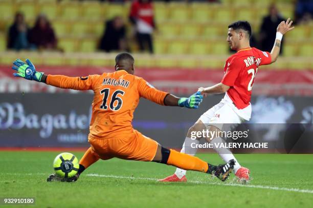 Monaco's Brazilian midfielder Rony Lopez scores a goal during the French L1 football match Monaco vs Lille on March 16, 2018 at the "Louis II...