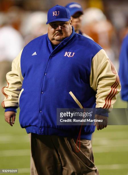 Head coach Mark Mangino of the Kansas Jayhawks on the field before a game against the Texas Longhorns at Darrell K Royal-Texas Memorial Stadium on...