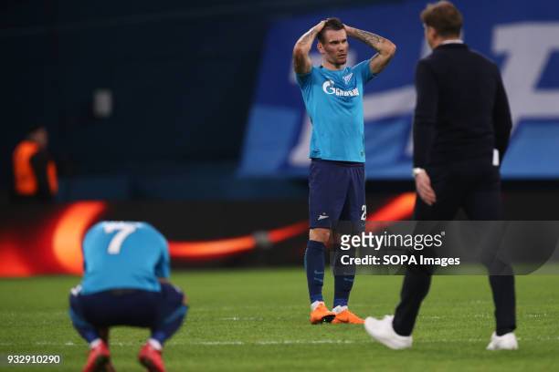 Anton Zabolotny of FC Zenit Saint Petersburg reacts after the UEFA Europa League Round of 16 2nd leg football match between FC Zenit Saint Petersburg...