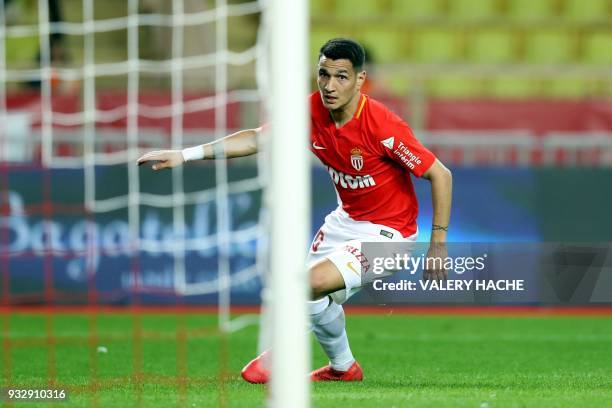 Monaco's Brazilian midfielder Rony Lopez celebrates after scoring a goal during the French L1 football match Monaco vs Lille on March 16, 2018 at the...