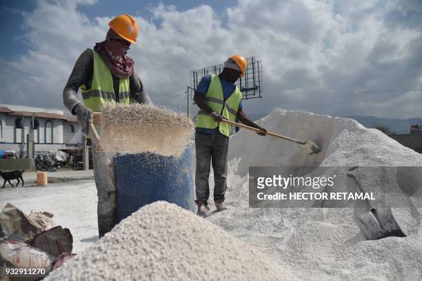 Workers are seen during the construction of the library "Konbit bibliotek Site Soley" in a neighborhood of the commune of Cite Soleil, in the capital...
