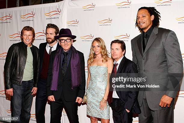 Denis Leary, Ryan Reynolds, Elvis Costello, Tracy Pollan, Michael J. Fox and Brian Grant attend the "A Funny Thing Happened on the Way to Cure...