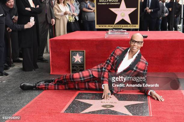 Drag queen RuPaul is honored with a star on The Hollywood Walk of Fame on March 16, 2018 in Hollywood, California.