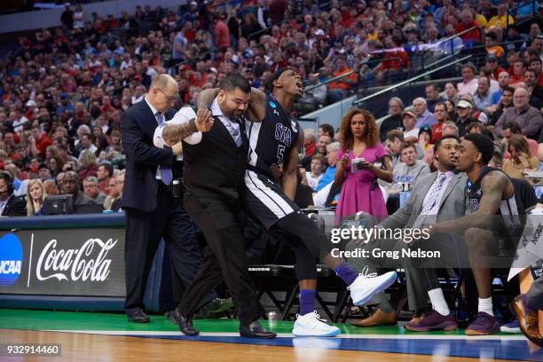 Playoffs: Stephen F. Austin Shannon Bogues on sidelines with injury during game vs Texas Tech at American Airlines Center. Dallas, TX 3/15/2018...