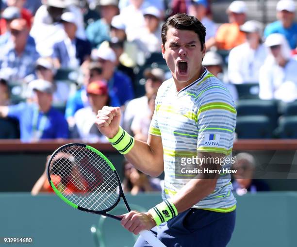 Milos Raonic of Canada celebrates match point over Sam Querrey of the United States in the quarterfinal during the BNP Paribas Open at the Indian...