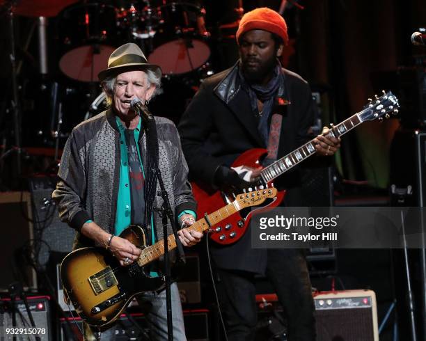 Keith Richards and Gary Clark Jr. Perform during "Love Rocks NYC! A Benefit for God's Love We Deliver" at Beacon Theatre on March 15, 2018 in New...