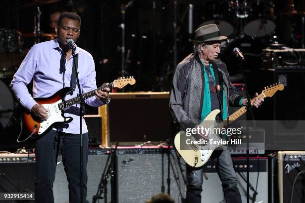 Robert Cray and Keith Richards perform during "Love Rocks NYC! A Benefit for God's Love We Deliver" at Beacon Theatre on March 15, 2018 in New York...