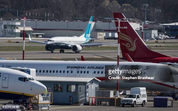Boeing 737 MAX 7 taxis at Boeing Field, on March 16, 2018 in Seattle, Washington, after making its first flight. The aircraft is the shortest variant...