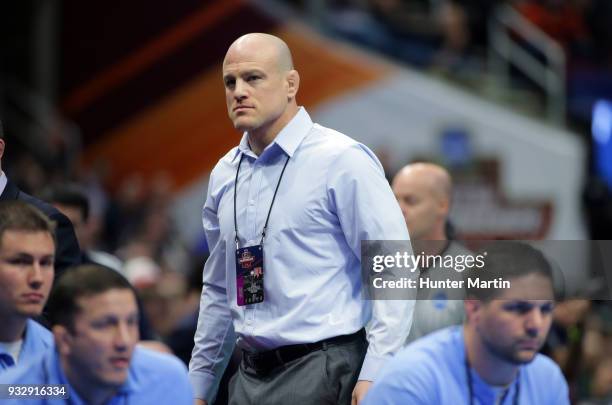 Head coach Cael Sanderson of the Penn State Nittany Lions coaches mat side during session three of the NCAA Wrestling Championships on March 16, 2018...