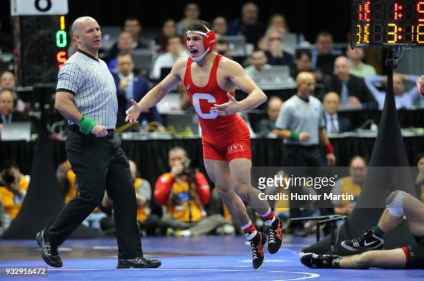 Yianni Diakomihalis of the Cornell Big Red reacts after defeating first seeded Dean Heil of the Oklahoma State Cowboys during session three of the...