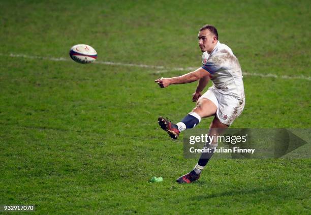 Tom Hardwick of England kicks a conversion during the Natwest U20's Six Nations match between England U20 and Ireland U20 at Ricoh Arena on March 16,...