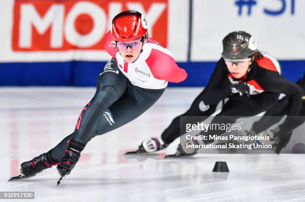 Kim Boutin of Canada competes in the women's 1000 meter heats during the World Short Track Speed Skating Championships at Maurice Richard Arena on...