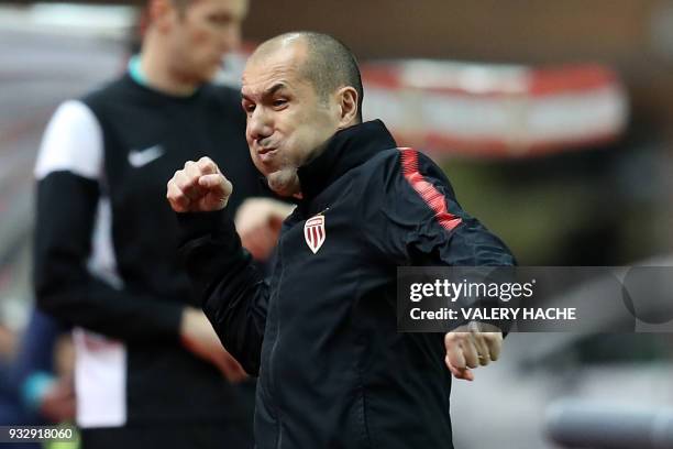 Monaco's Portuguese coach Leonardo Jardim reacts at the end of the French L1 football match Monaco vs Lille on March 16, 2018 at the Louis II Stadium...