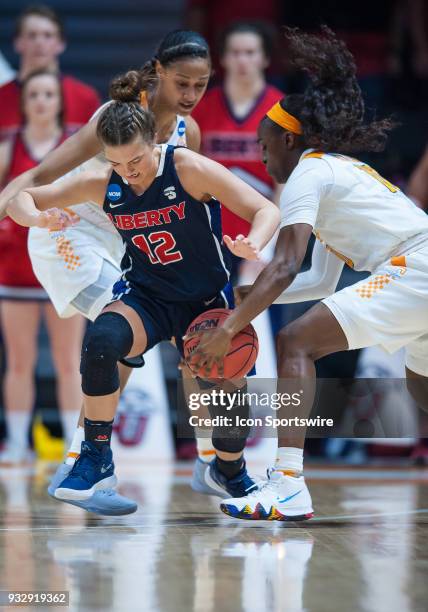 Tennessee Lady Volunteers guard Meme Jackson steals the ball from Liberty Lady Flames guard Ashtyn Baker during a game between the Tennessee Lady...