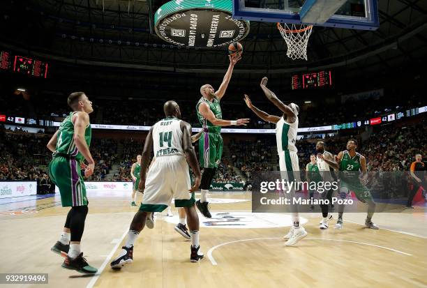 James Augustine, #40 of Unicaja Malaga in action during the 2017/2018 Turkish Airlines EuroLeague Regular Season Round 26 game between Unicaja Malaga...