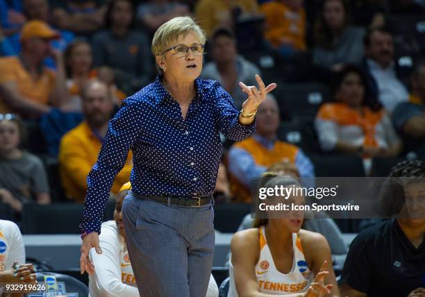 Tennessee Lady Volunteers head coach Holly Warlick coaching during a game between the Tennessee Lady Volunteers and Liberty Lady Flames on March 16...