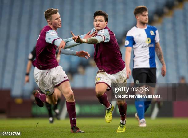 Callum O'Hare of Aston Villa celebrates after scoring a goal during the Premier League Cup match between Aston Villa and Blackburn Rovers at Villa...