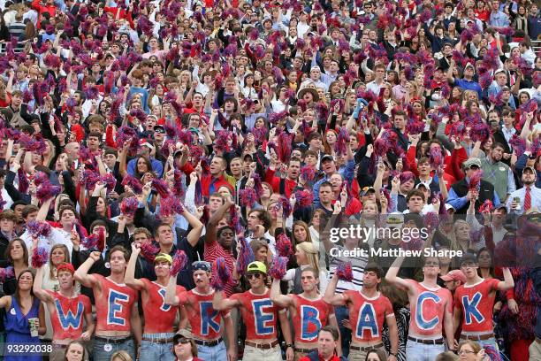 Fans of the Ole Miss Rebels celebrate a victory over the LSU Tigers at Vaught-Hemingway Stadium on November 21, 2009 in Oxford, Mississippi.