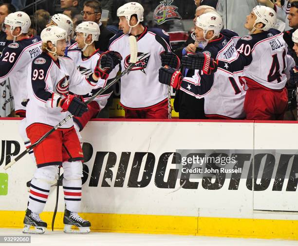 Jakub Voracek of the Columbus Blue Jackets celebrates with his bench after a goal was scored by teammate RJ Umberger against the Nashville Predators...