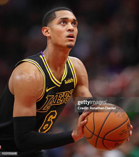 Derrick Williams of the Los Angeles Lakers shoots a free throw against the Chicago Bulls at the United Center on January 26, 2018 in Chicago,...