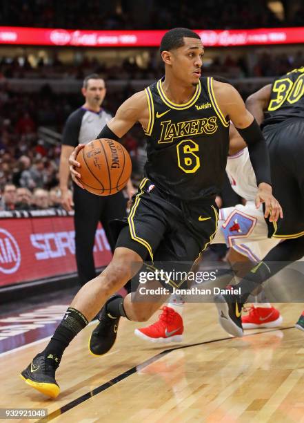 Derrick Williams of the Los Angeles Lakers moves against the Chicago Bulls at the United Center on January 26, 2018 in Chicago, Illinois. The Lakers...