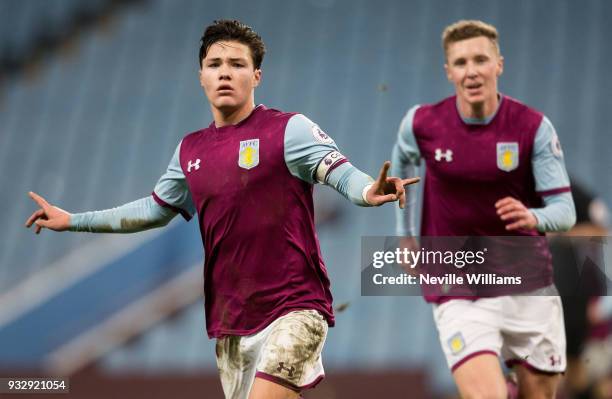 Callum O'Hare of Aston Villa celebrates his goal for Aston Villa during the Premier League Cup match between Aston Villa and Blackburn Rovers at...