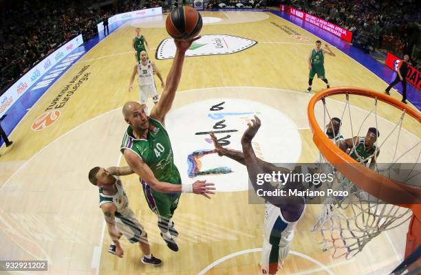 James Augustine, #40 of Unicaja Malaga in action during the 2017/2018 Turkish Airlines EuroLeague Regular Season Round 26 game between Unicaja Malaga...