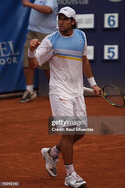 Eduardo Schwank of Argentina celebrates victory over Jorge Aguilar of Chile during the Lima Challenger Movistar Open on November 21, 2009 in Lima,...