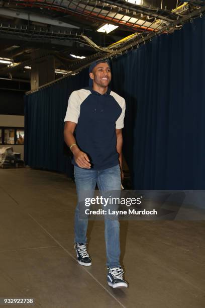 Josh Huestis of the Oklahoma City Thunder arrives to the arena prior to the game against the Phoenix Suns on March 8, 2018 at Chesapeake Energy Arena...