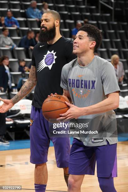 Devin Booker of the Phoenix Suns warms up prior to the game against the Oklahoma City Thunder on March 8, 2018 at Chesapeake Energy Arena in Oklahoma...