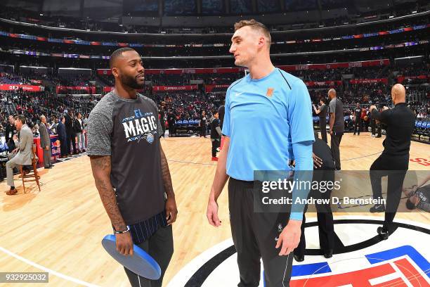 Jonathon Simmons of the Orlando Magic and Sam Dekker of the LA Clippers talk prior to the game between the two teams on March 10, 2018 at STAPLES...