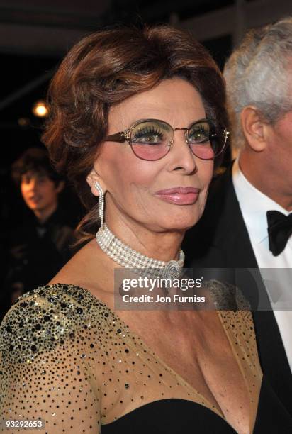 Sophia Loren attends the cocktail reception for the launch of the 2010 Pirelli Calendar at Old Billingsgate Market on November 19, 2009 in London,...