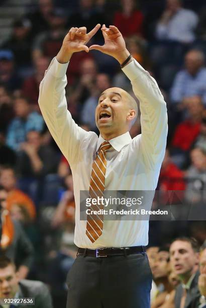 Head coach Shaka Smart of the Texas Longhorns reacts against the Nevada Wolf Pack during the game in the first round of the 2018 NCAA Men's...
