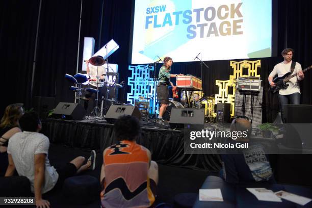 Je Collin Marcruy, Laurence Giroux-Do, and Patrick Gosselin of Le Couleur perform onstage at Friday International Artist Showcase at Flatstock during...