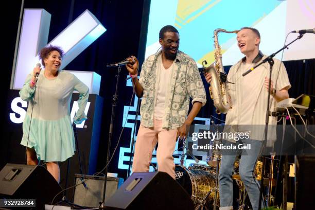 Shanaz Dorsett, Joshua Idehen, and Tom Leaper of Benin City perform onstage at Friday International Artist Showcase at Flatstock during SXSW at...