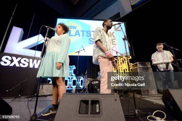 Shanaz Dorsett, Joshua Idehen, and Tom Leaper of Benin City perform onstage at Friday International Artist Showcase at Flatstock during SXSW at...