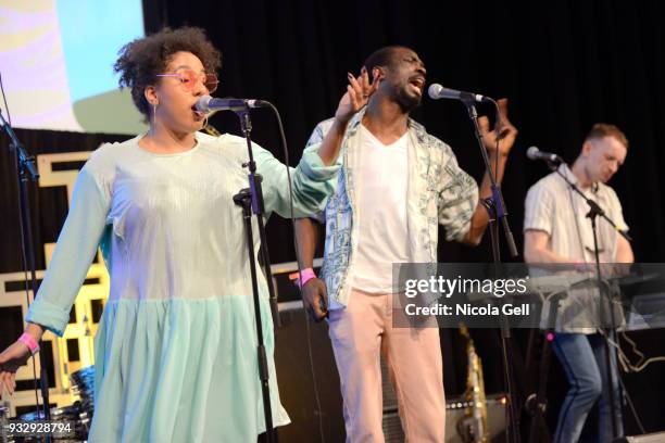 Shanaz Dorsett, Joshua Idehen, and Tom Leaper of Benin City perform onstage at Friday International Artist Showcase at Flatstock during SXSW at...