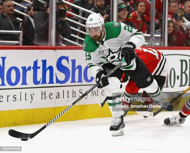 Greg Pateryn of the Dallas Stars controls the puck against the Chicago Blackhawks at the United Center on February 8 2018 in Chicago, Illinois. The...