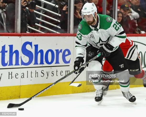 Greg Pateryn of the Dallas Stars controls the puck against the Chicago Blackhawks at the United Center on February 8 2018 in Chicago, Illinois. The...