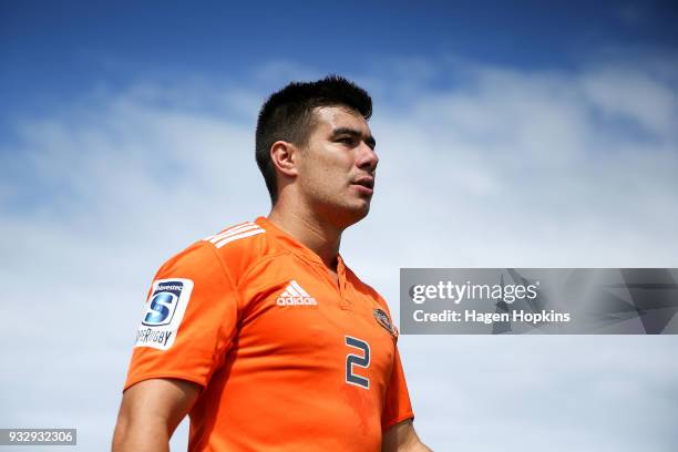 Jackson Garden-Bachop of the Hurricanes looks on while warming up during the development squad trial match between the Hurricanes and the Blues at...